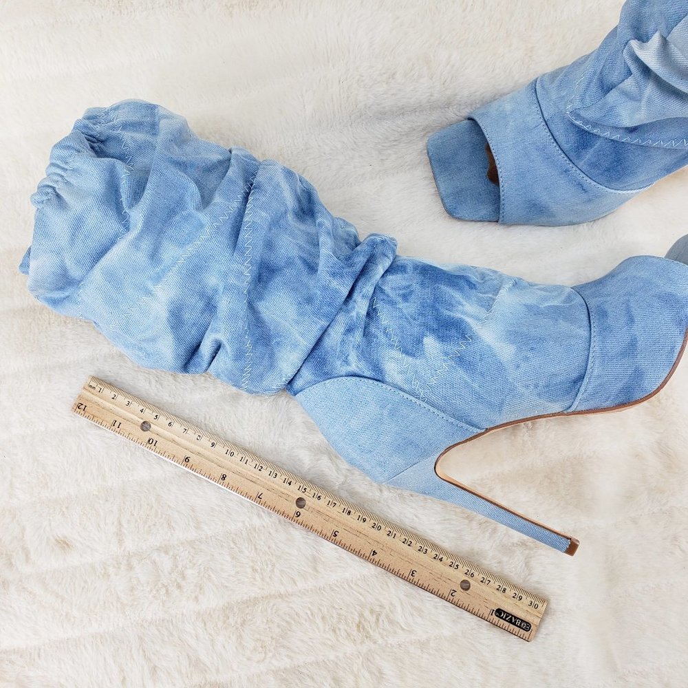 Mineral Wash Denim Square toe Scrunch Slouch Mid Calf Pull On Heeled boots - Picture 9 of 15